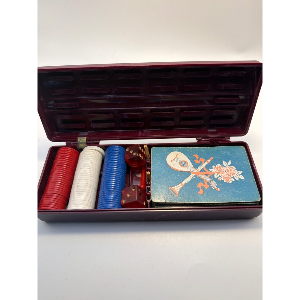 Vintage Marbled Burgundy Plastic Cribbage Board Travel Set Cards Dice Chips